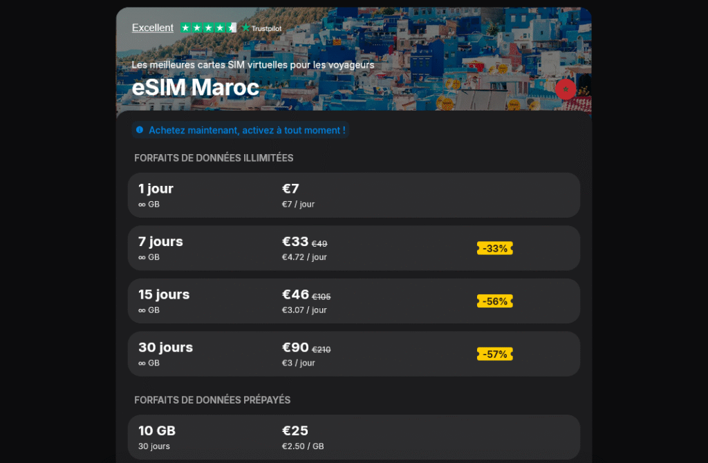 Yesim eSIM Maroc – flexibilité et option Pay As You Go avec données illimitées