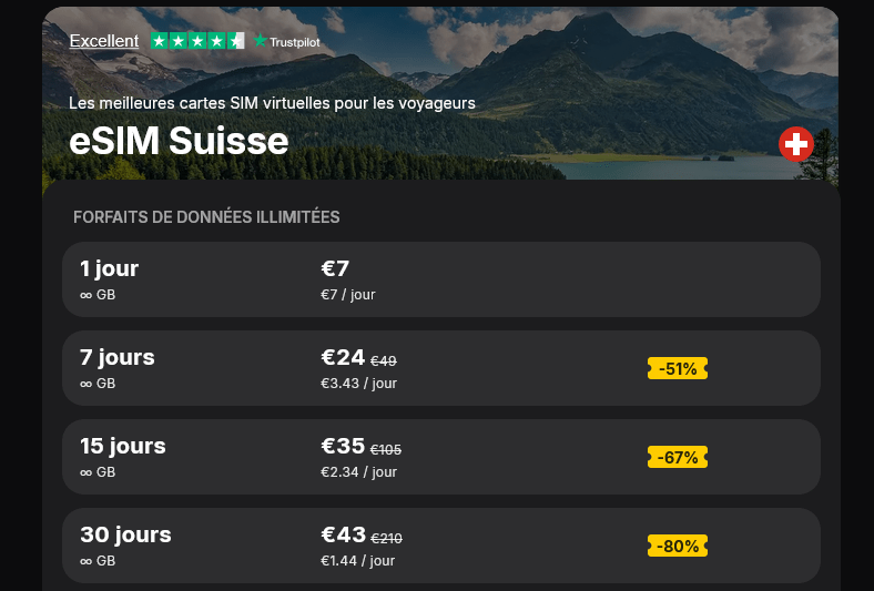 Yesim eSIM Suisse – flexibilité avec forfaits limités ou données illimitées