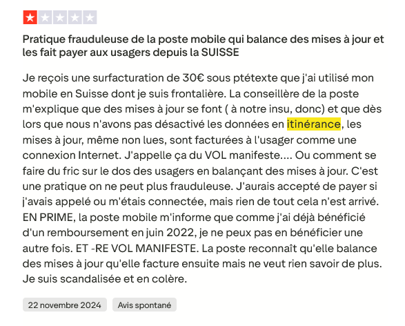 Avis client sur le roaming La Poste Mobile – surfacturation en itinérance depuis la Suisse