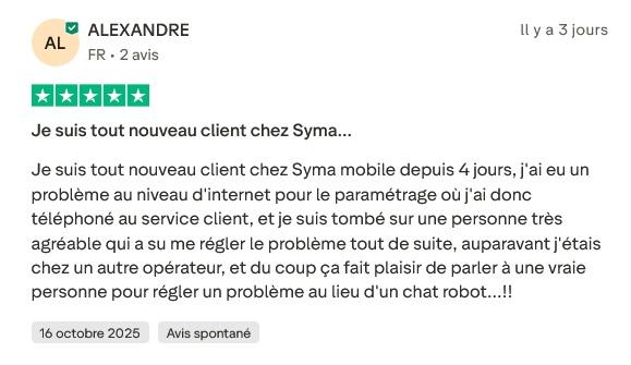 Avis client Syma Mobile – service client réactif et assistance efficace pour le roaming
