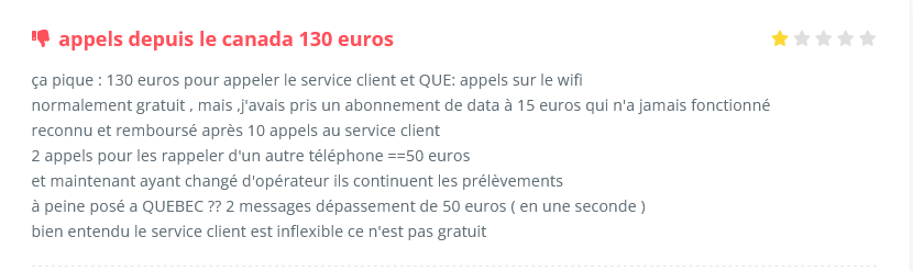 Avis négatif sur le roaming Cdiscount Mobile – appels depuis le Canada à 130 euros
