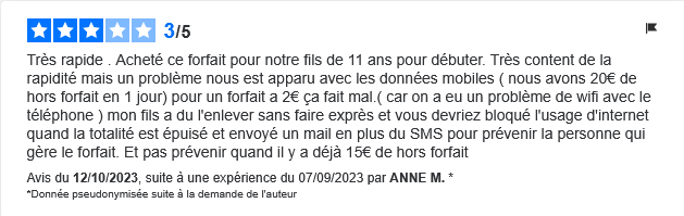 Avis client sur le roaming Cdiscount Mobile – problème de données mobiles avec un forfait enfant