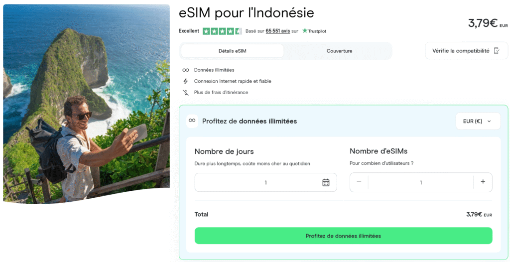 Holafly eSIM Indonésie – données illimitées et activation rapide avec gestion IMEI incluse