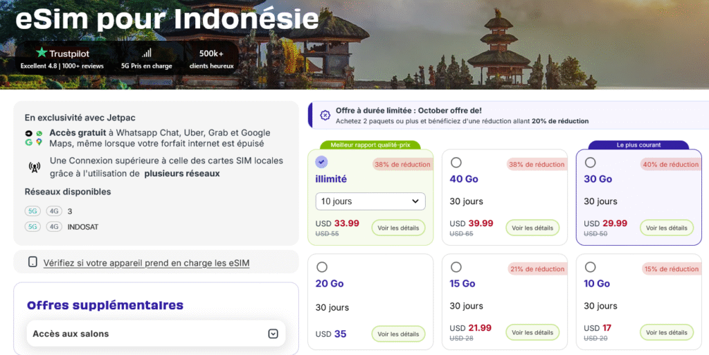 Jetpac eSIM Bali – option économique avec accès illimité aux réseaux sociaux