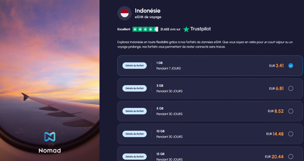 Nomad eSIM Indonésie – forfaits flexibles et personnalisables pour longs séjours