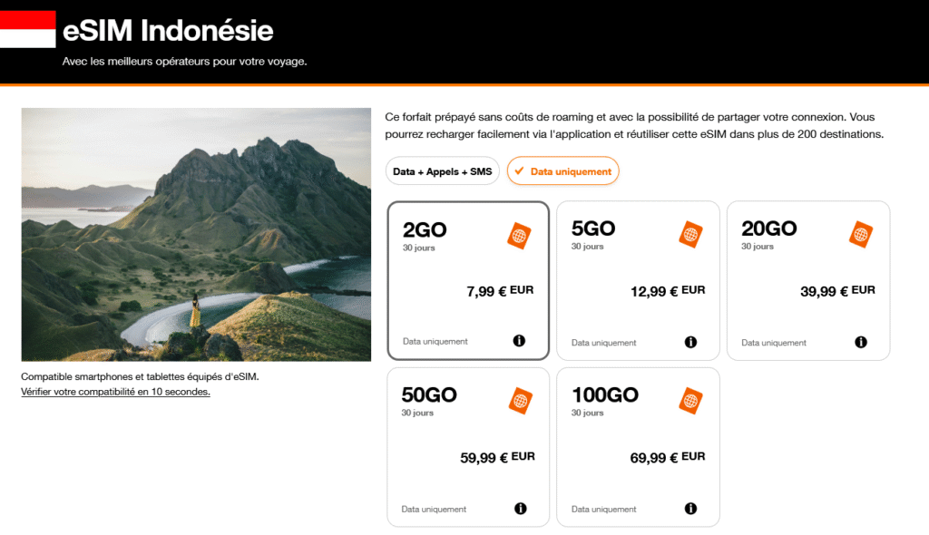 eSIM Orange France pour Bali – eSIM Travel prépayée et Pass Monde sans surprise