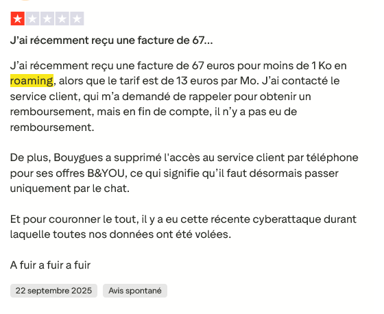 Avis client négatif sur le roaming Bouygues Telecom – surfacturation à l’étranger et service client difficile à joindre