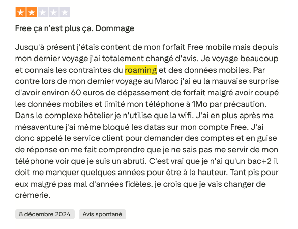 Avis client négatif sur le roaming Free – coût élevé hors Europe et clin d’œil humoristique Bac+2