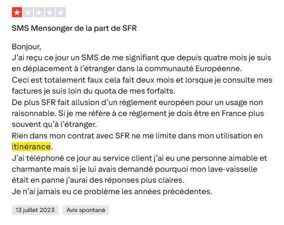Avis client négatif sur le roaming SFR – SMS mensonger et problème d’itinérance en Europe