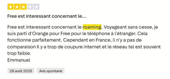 Avis client positif sur le roaming Free – fonctionnement parfait en Europe