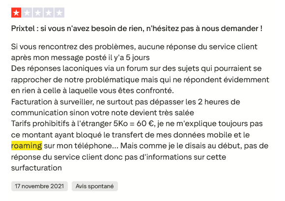 Avis client négatif sur le roaming Prixtel – problème de facturation et absence de réponse du service client