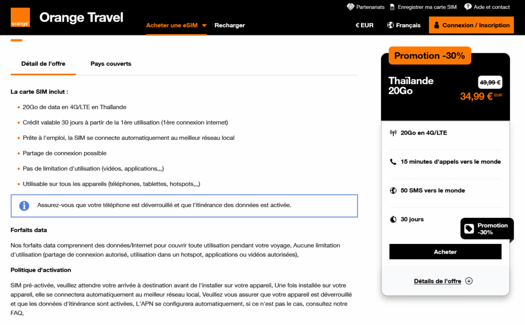 Exemple d’offre de roaming Orange en Thaïlande montrant les options data et communications internationales.