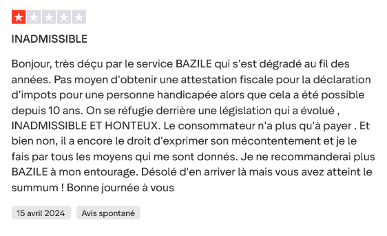 Avis client négatif sur le service Bazile Telecom – difficultés administratives et service client jugé insatisfaisant