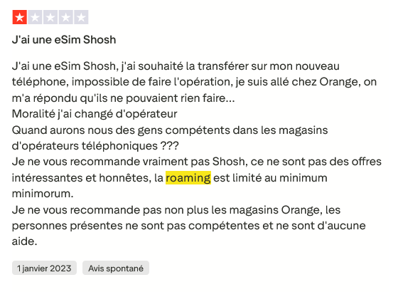 Avis client négatif sur le roaming Sosh – eSIM et itinérance limitées, difficultés de transfert et support insuffisant