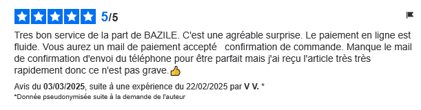 Avis client positif sur le service Bazile Telecom – paiement fluide et livraison rapide