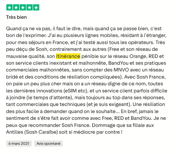 Avis client positif sur le roaming Sosh – bon réseau, service stable et Pass efficaces à l’étrange