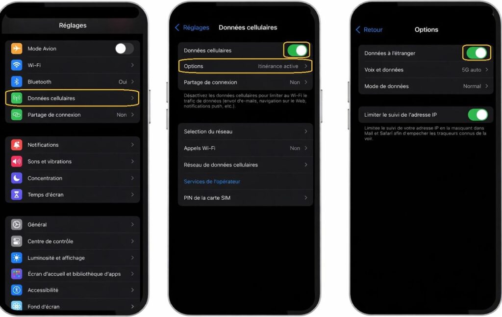 Activation des données à l étranger sur iPhone