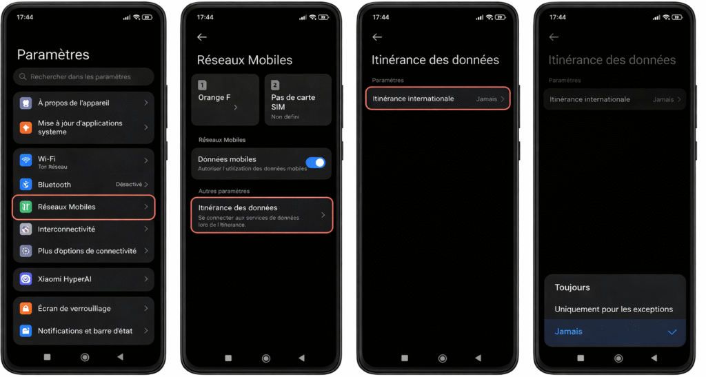 Activation du roaming sur Android dans les réglages