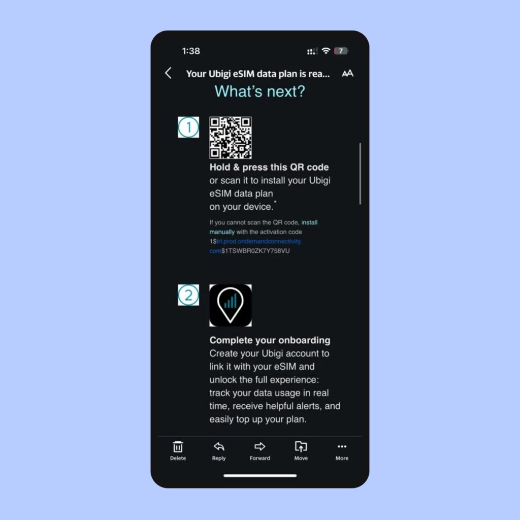 E-mail Ubigi avec QR code pour activer l’eSIM