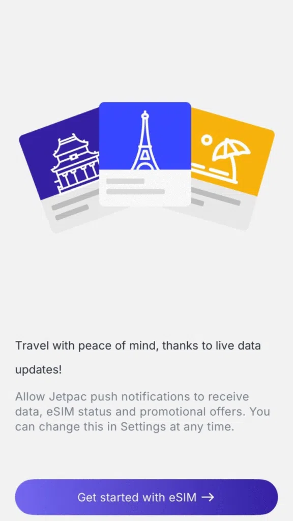 Écran de démarrage de l’application Jetpac pour commencer l’installation de l’eSIM