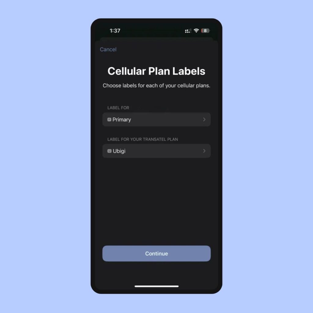 Configuration du libellé du forfait eSIM Ubigi