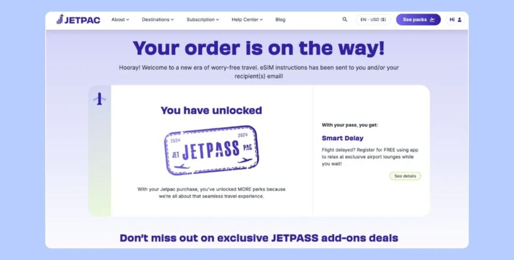 Confirmation d’achat Jetpac avec avantages Jetpass après commande