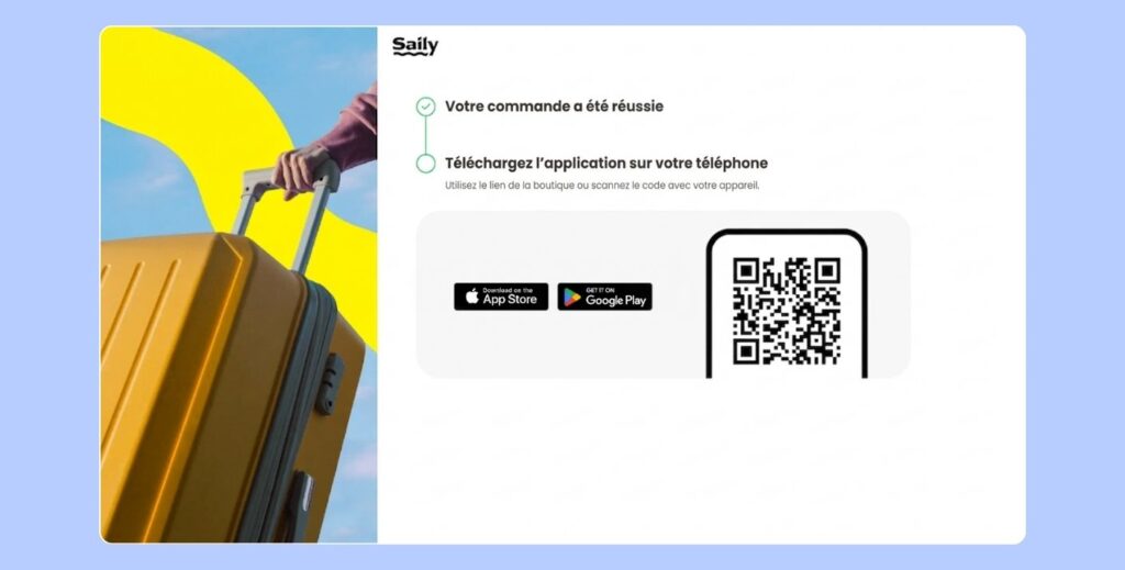 Confirmation d’achat Saily avec lien pour télécharger l’application et QR co