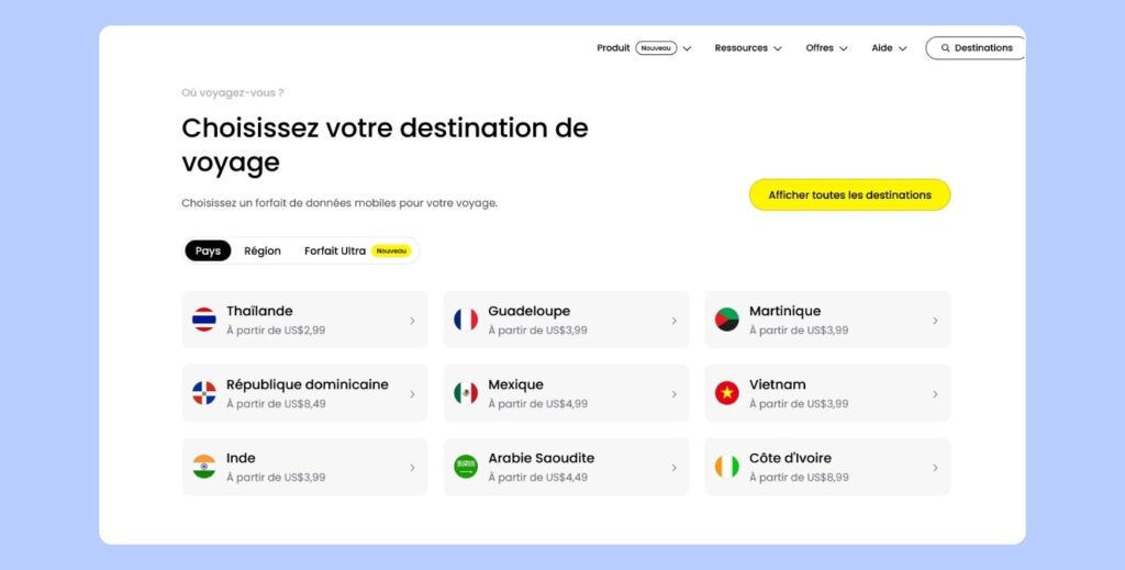 Liste des destinations disponibles pour les forfaits eSIM Saily