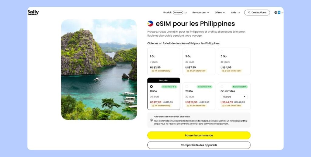 Forfaits eSIM Saily pour les Philippines avec prix et volume de données