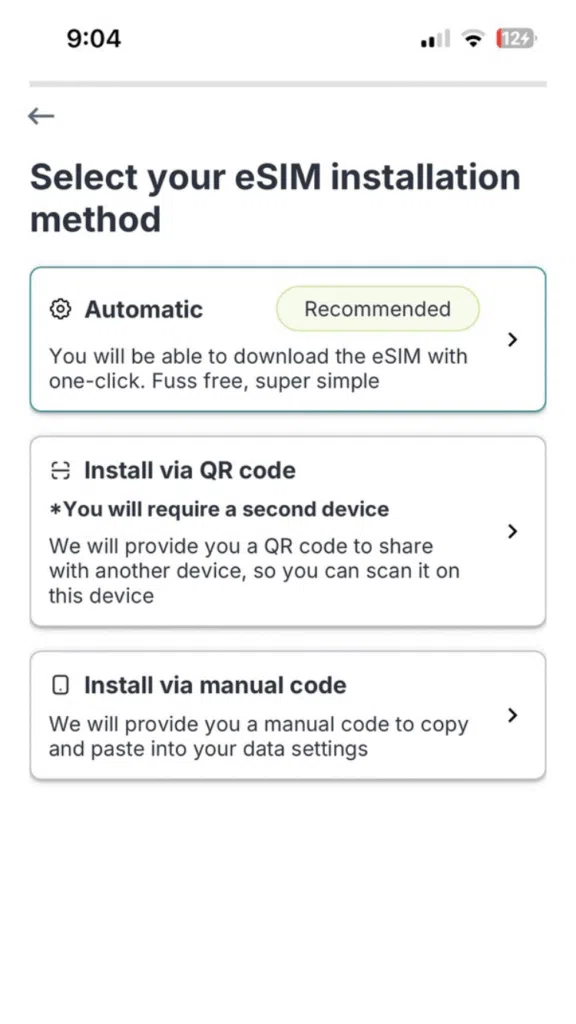 Choix de la méthode d’installation de l’eSIM dans l’application Jetpac