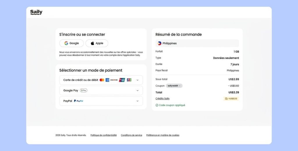 Méthodes de paiement Saily et récapitulatif de commande pour une eSIM