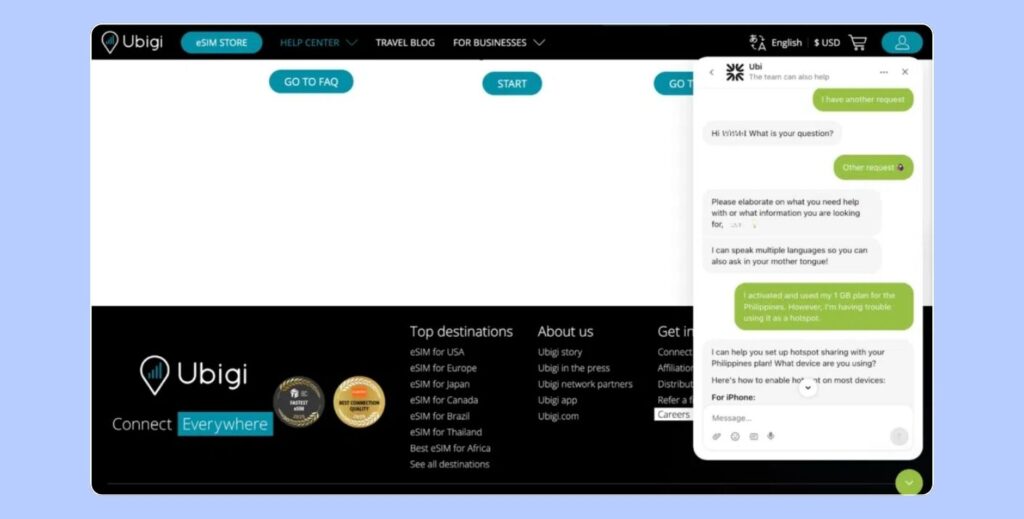 Service client Ubigi avec chat d’assistance en ligne