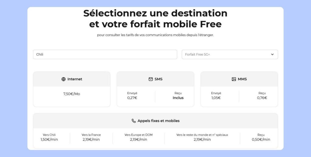 Tarifs Free pour Internet, appels et SMS en roaming au Chili