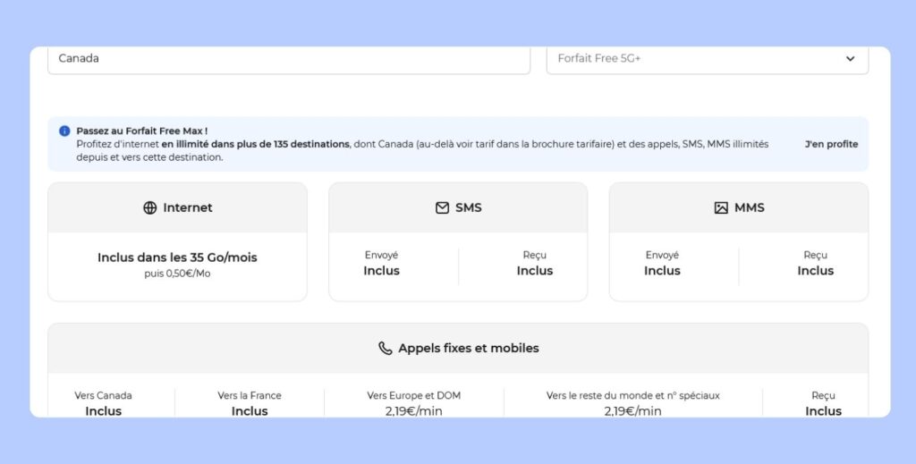 Tarifs Free pour Internet, appels et SMS en roaming au Canada