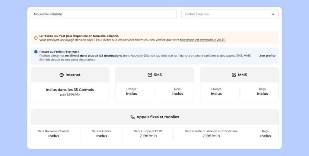 Tarifs Free pour Internet, appels et SMS en roaming en Nouvelle-Zélande