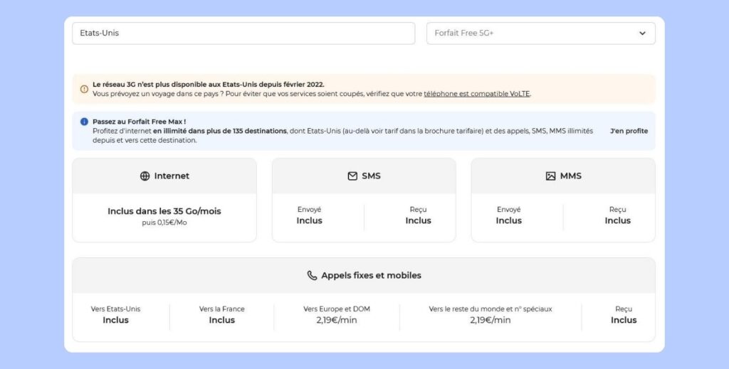 Tarifs Free pour Internet, appels et SMS aux États-Unis