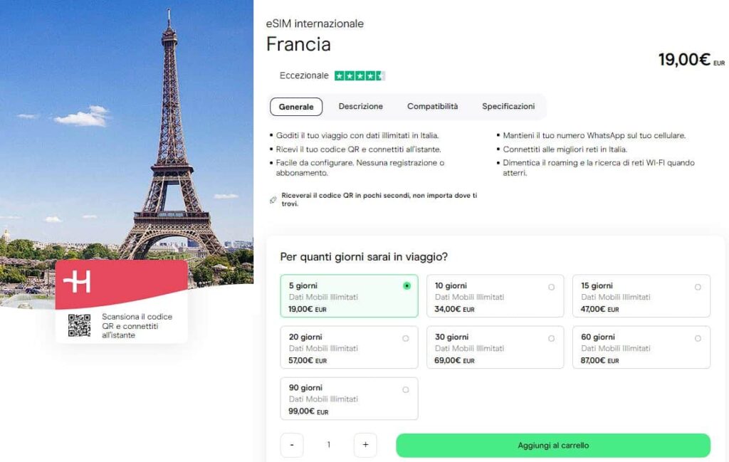eSIM per la Francia, sim francia, internet a parigi