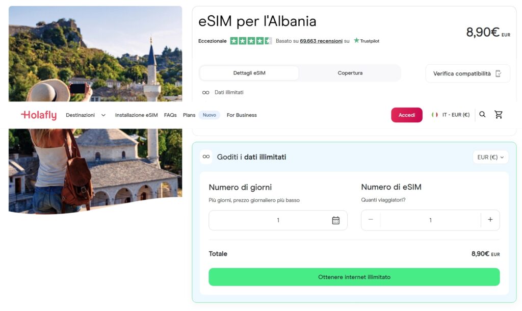 Holafly eSIM Albania – dati illimitati, attivazione immediata e supporto 24/7 per restare connesso ovunque