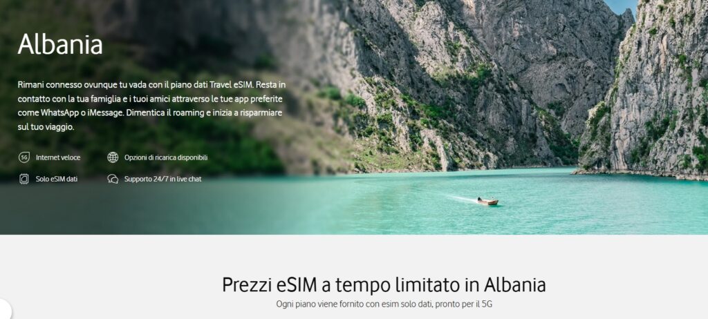 Vodafone eSIM Albania – copertura 5G e promozioni online per viaggiatori italiani