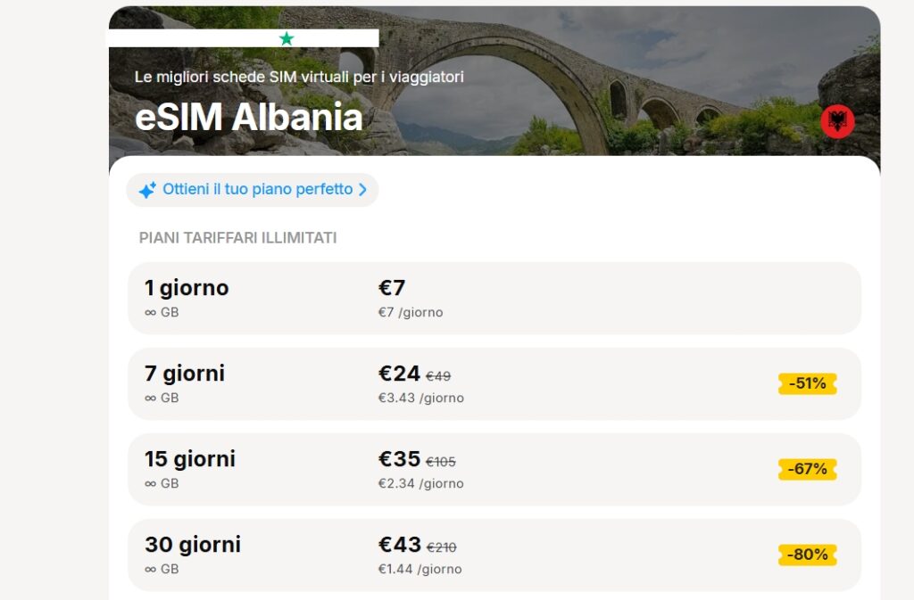 Yesim eSIM Albania – piani flessibili e opzione Pay As You Go per un viaggio senza pensieri