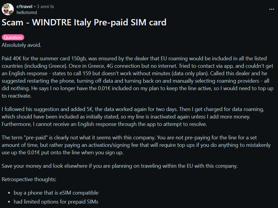 Opinione negativa su roaming WINDTRE da parte di un utente
