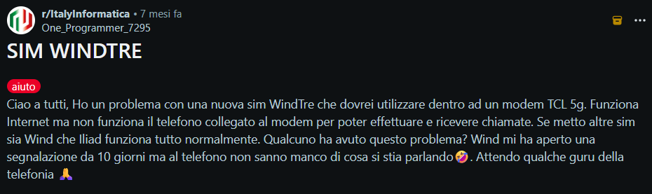 Problemi di compatibilità SIM WINDTRE in modem 5G – opinione utente