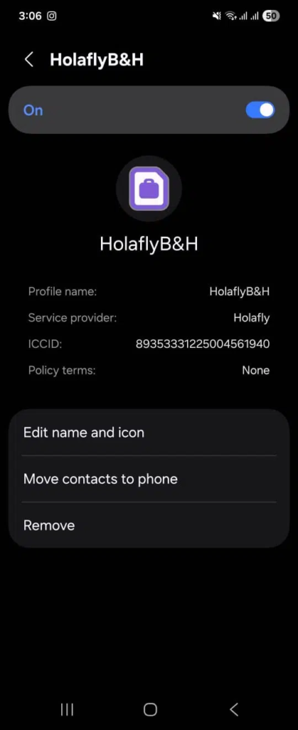 Profilo della eSIM Holafly nelle impostazioni del telefono