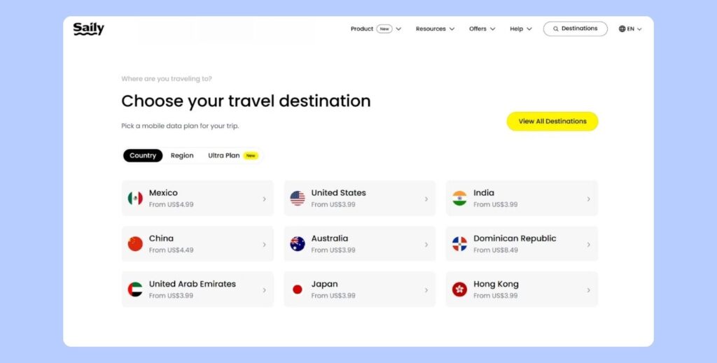 Scelta della destinazione nell’app Saily