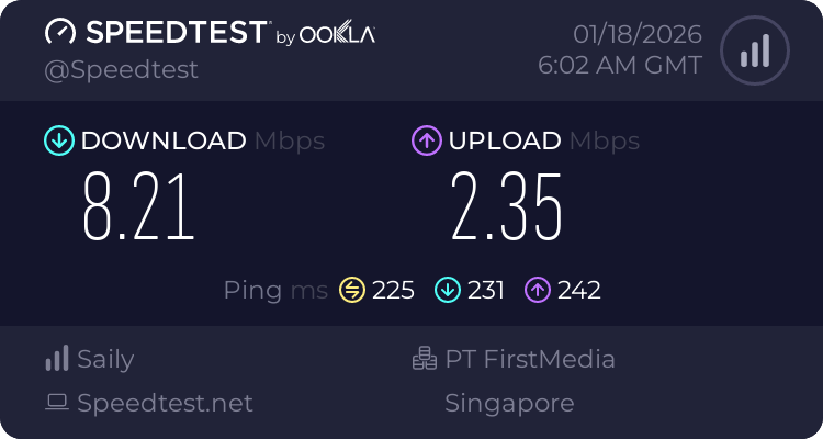 Risultato Speedtest con Saily su server di Singapore