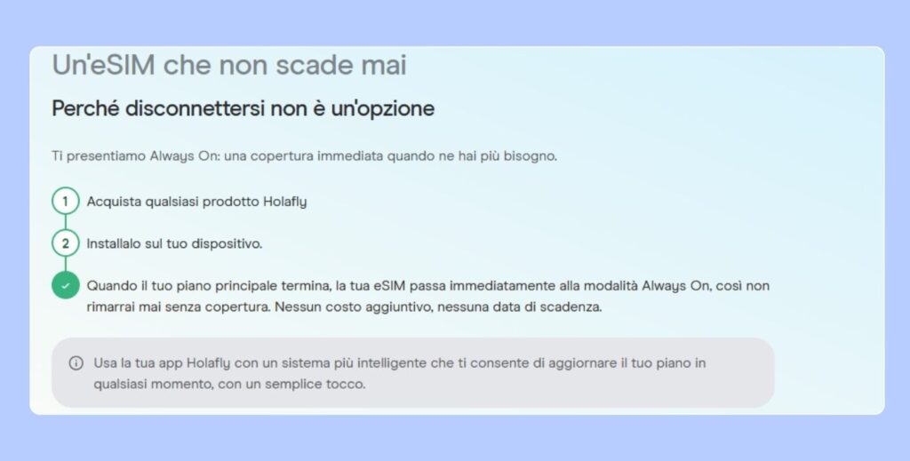 Spiegazione di Holafly Always On sul sito Holafly