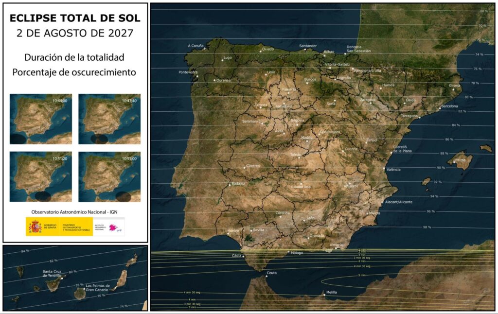 Mappa della visibilità dell’eclissi solare in Spagna nel 2027