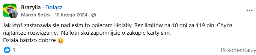 Opinia z Facebooka o Holafly – nielimitowany internet 10 dni za 119 zł, polecany przed wyjazdem