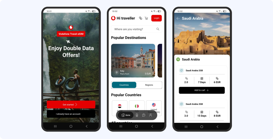 Aplikacja Vodafone Travel eSIM – ekran wyboru krajów i pakietów danych mobilnych