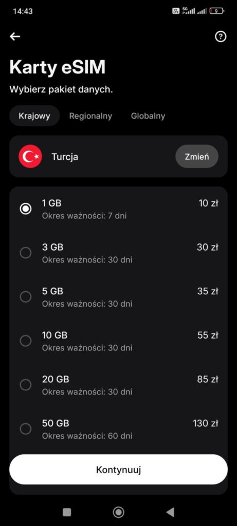 Cennik eSIM Revolut dla Turcji – pakiety danych od 1 GB do 50 GB